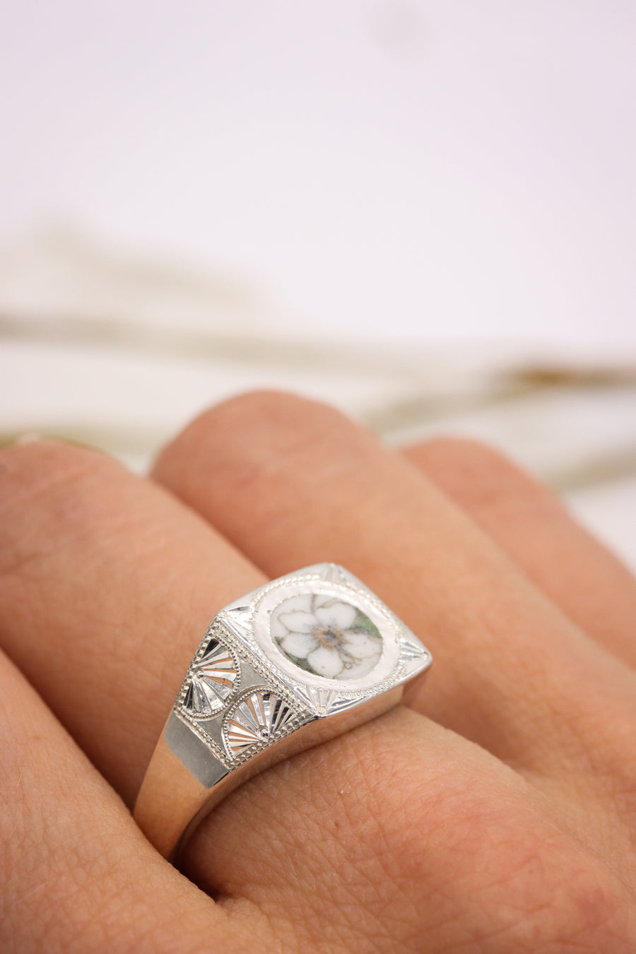 Square Orange Blossom Signet Ring - Size 8